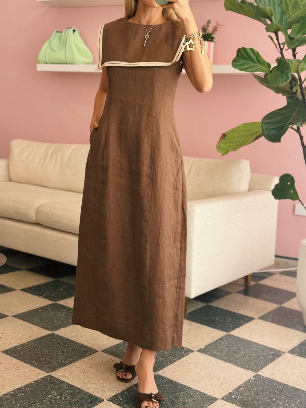 Sailor Collar Sleeveless Linen Dress Mocha Brown Color Size Small NWT